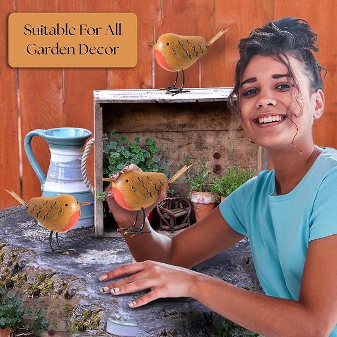 3pc Robin Garden Decor for Outside - Robin Metal Bird Decor Garden Ornaments Outdoor Animal Decorations - Robin Bird Figurine Lawn Ornaments Metal Bird Statues for Garden Decorations Outdoor Decor