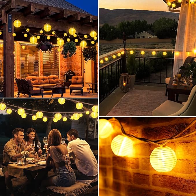 OMIKA Lantern String Lights Plug in- 40ft 40LED 2700K Warm White Mini Lantern Lights Waterproof, Hanging Hemp Rope String Lights Indoor Outdoor with Remote, Timer for Porch Fence Balcony Party Trees