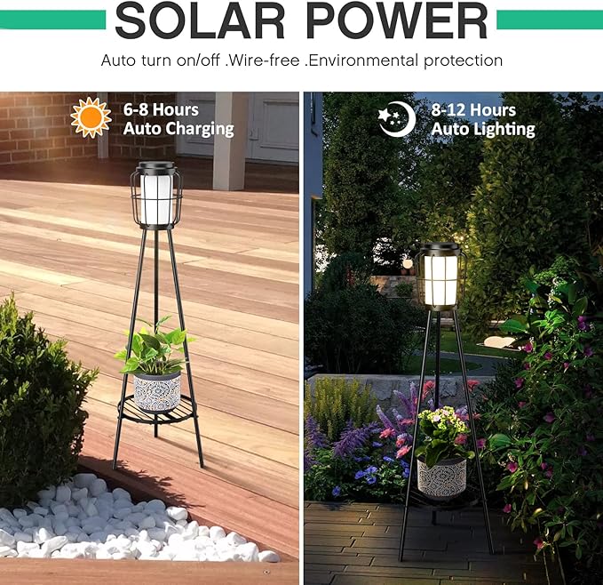 2 Pack Solar Lights Outdoor with Plant Stands, Solar Floor Lamp, Solar Powered Street Lights Metal Tripod Deck Lights, Patio Decor for Garden Yard Pathway Driveway Porch