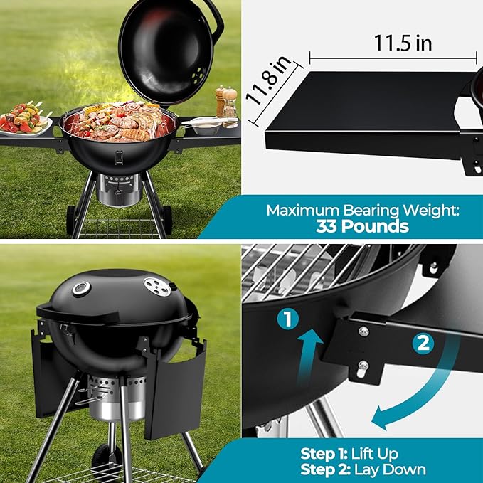 Premium 22 Inch Charcoal Grills with 2 Foldable Tables, BBQ Grill with Cover, Outdoor Barbecue Grill with Ash Catcher, Portable Charcoal Kettle Grills with Wheels for Camping Party Backyard