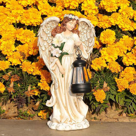Solar Angel Outdoor Decor Garden Statues – 13.2 inches Angel Figurines Outdoor Sculptures with Solar Lantern for Outside Yard Art Patio Balcony Front Lawn Ornaments Gifts for Mom Grandma Women