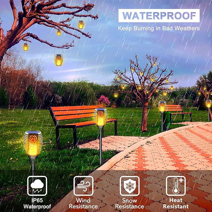 Solar Torch Lights Outdoor, Realistic Flickering Flame Solar Tiki Torches, 3-in-1 Fire Effect Hanging Lanterns with Detachable Hook, Auto On/Off for Garden, Pathway Lighting (4 Pack)