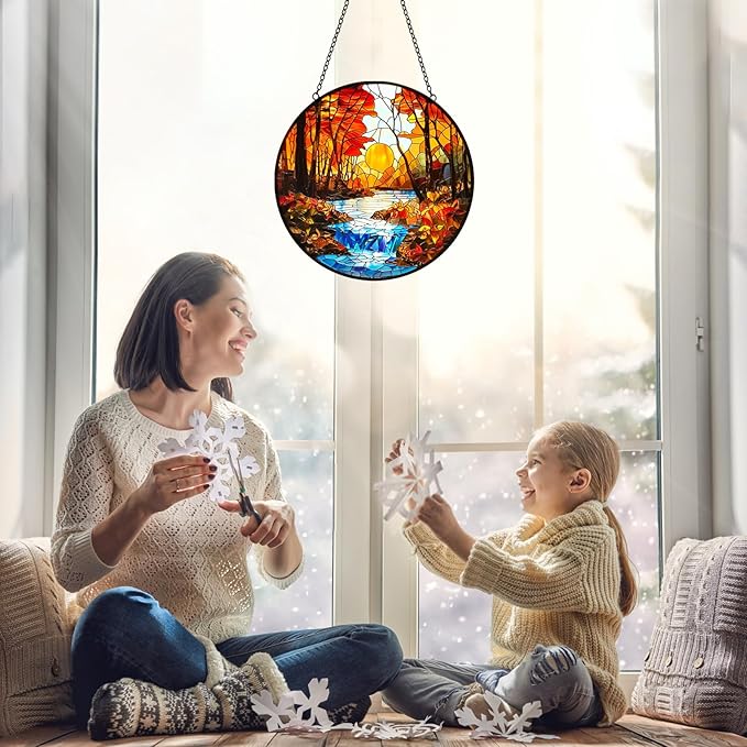 Sunset Suncatcher Stained Glass Window Hanging - Sun Catchers Indoor Window Decorations with Tree and River - Sunset Scenery Window hangings with Hooks - Valentines Day Gifts for Him Her Women Men