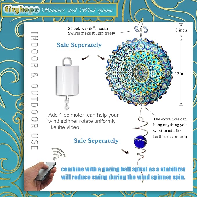 Wind Spinners Peacock Mandala Wind Spinner 3D Hanging Wind Sculpture Creates Mesmerizing Holographic Effect, Outdoor Garden Decor Kinetic Yard Art Decoration, Fun Mandala Gifts for Women Men