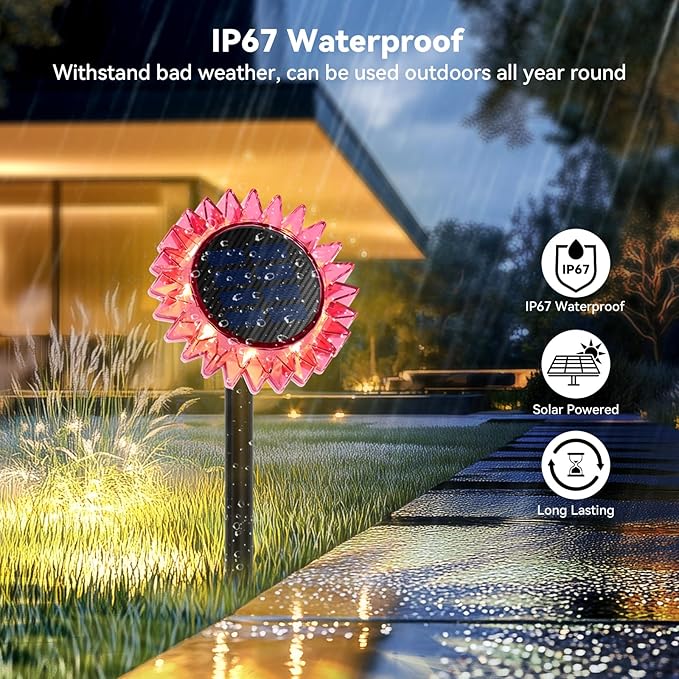 Outdoor Solar Lights, 6 Pack Led Solar Sunflower Lights, Stake/Wall 2-in-1 Waterproof Solar Garden Lights for Yard, Landscape, Fence, Patio, Driveway, Pathway, Backyard Decoration (Warm White)