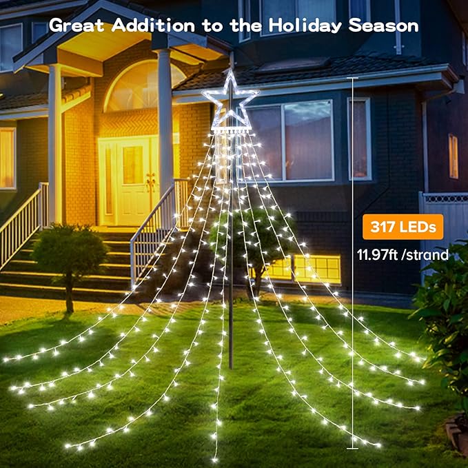 BlcTec Outdoor 317 LED Waterfall Tree Lights, 9 Strands with Timer - 8 Modes, Waterproof Christmas Lights for Garden, Patio, Yard Decor - Cool White