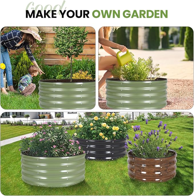 G GOOD GAIN Round Raised Garden Bed - 1Pcs 3x3x1.4ft Galvanized Steel Planter Boxes Outdoor with Rubber Edge Trim | Metal Raised Beds for Gardening Vegetables Flowers Fruits Herbs (Olive Green)