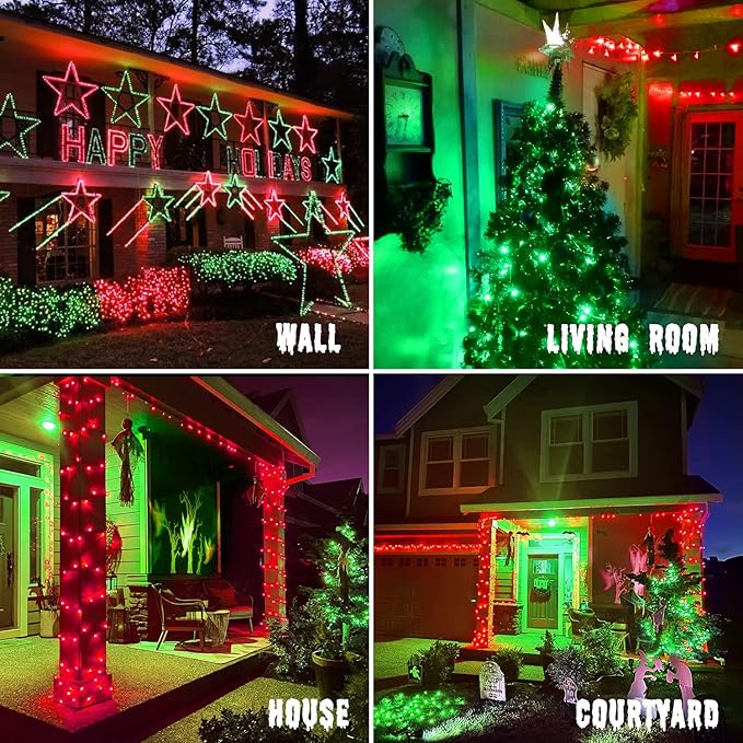 JMEXSUSS 200 LED Christmas String Lights Outdoor, Red & Green Christmas Lights Clear Wire, 11 Modes Connectable Twinkle String Lights Plug in for Christmas Halloween Garden Home Decorations