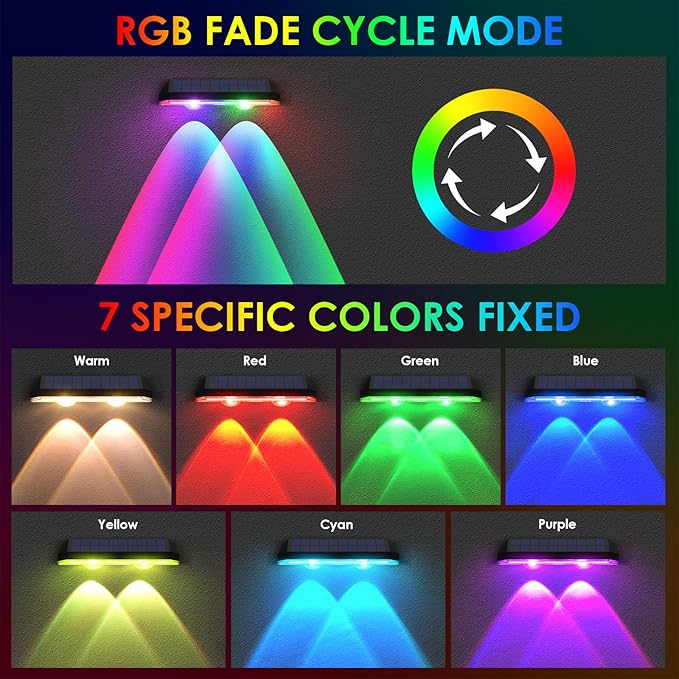 Solar Fence Lights Outdoor - Warm White & RGB 6 Color, Dusk to Dawn Deck Light, IP65 Waterproof Garden Lights for Outside/Backyard/Railing/Step/Patio/Wall (8 pack)