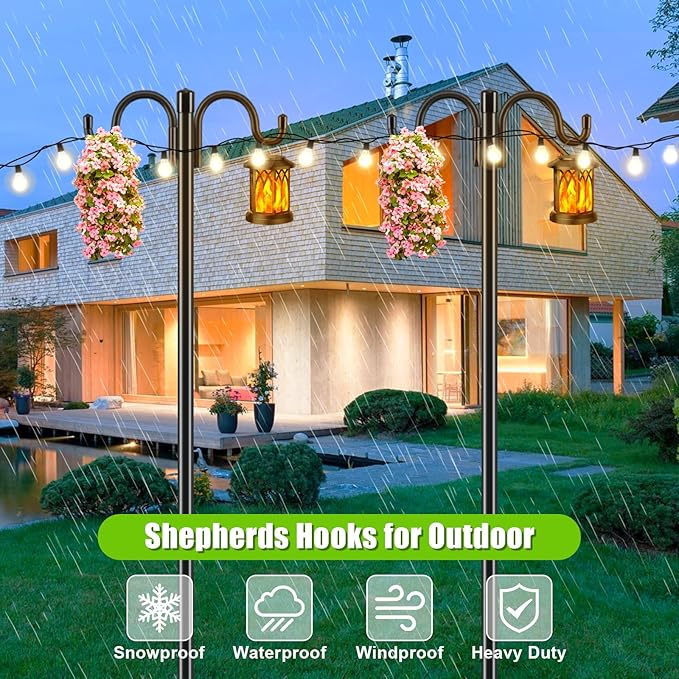 Gtongoko Double Shepherds Hook for Outdoor, 77 Inch Heavy Duty Bird Feeder Pole 3/4 Inch Thick Garden Hooks for Hanging Hummingbird Feeder, Plant Baskets, Solar Light Lanterns, 1 Pack