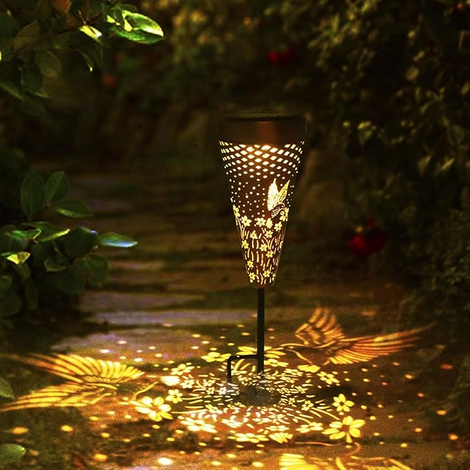 DIBIEECN 2 Pack Hummingbird Solar Pathway Lights Outdoor,Metal Garden Decorations Outdoor Lights with Patterns and Warm Light,Waterproof Landscape Lighting for Path Patio Backyard Walkway Yard