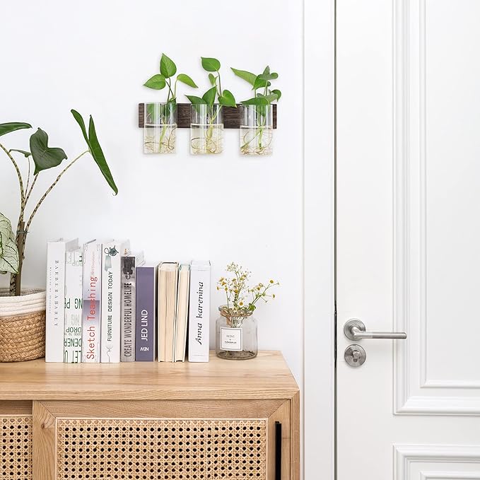 Mkono Propagation Station Wall Planter Glass Cylinder Vase Hanging Terrarium for Hydroponics Plant Cutting Indoor Outdoor Decor Brown, Plant Lover Gift