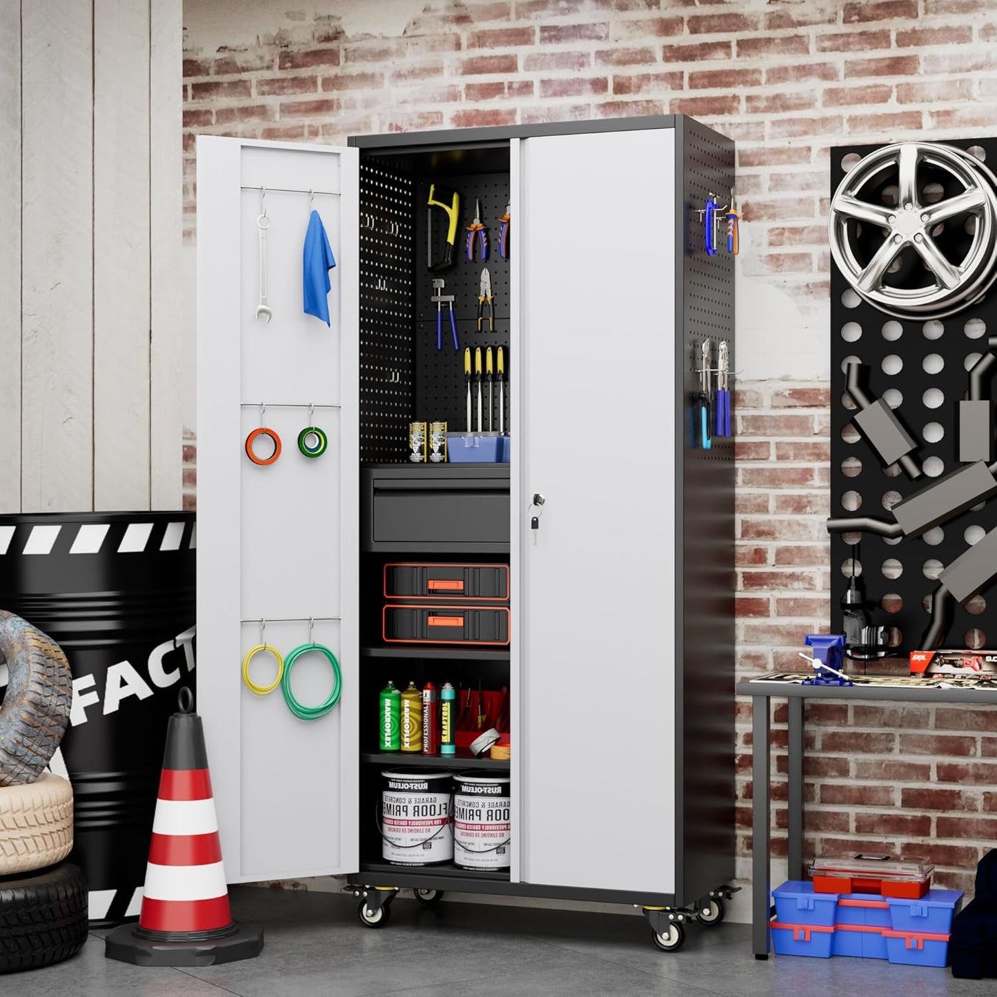 Aobabo Metal Storage Cabinet with Wheels and 1 Interior Drawer, Steel Rolling Tool Cabinet with 16 Hooks and 2 Adjustable Shelves for Garage, Home, Office, Kitchen, Black Gray, Assembly Required