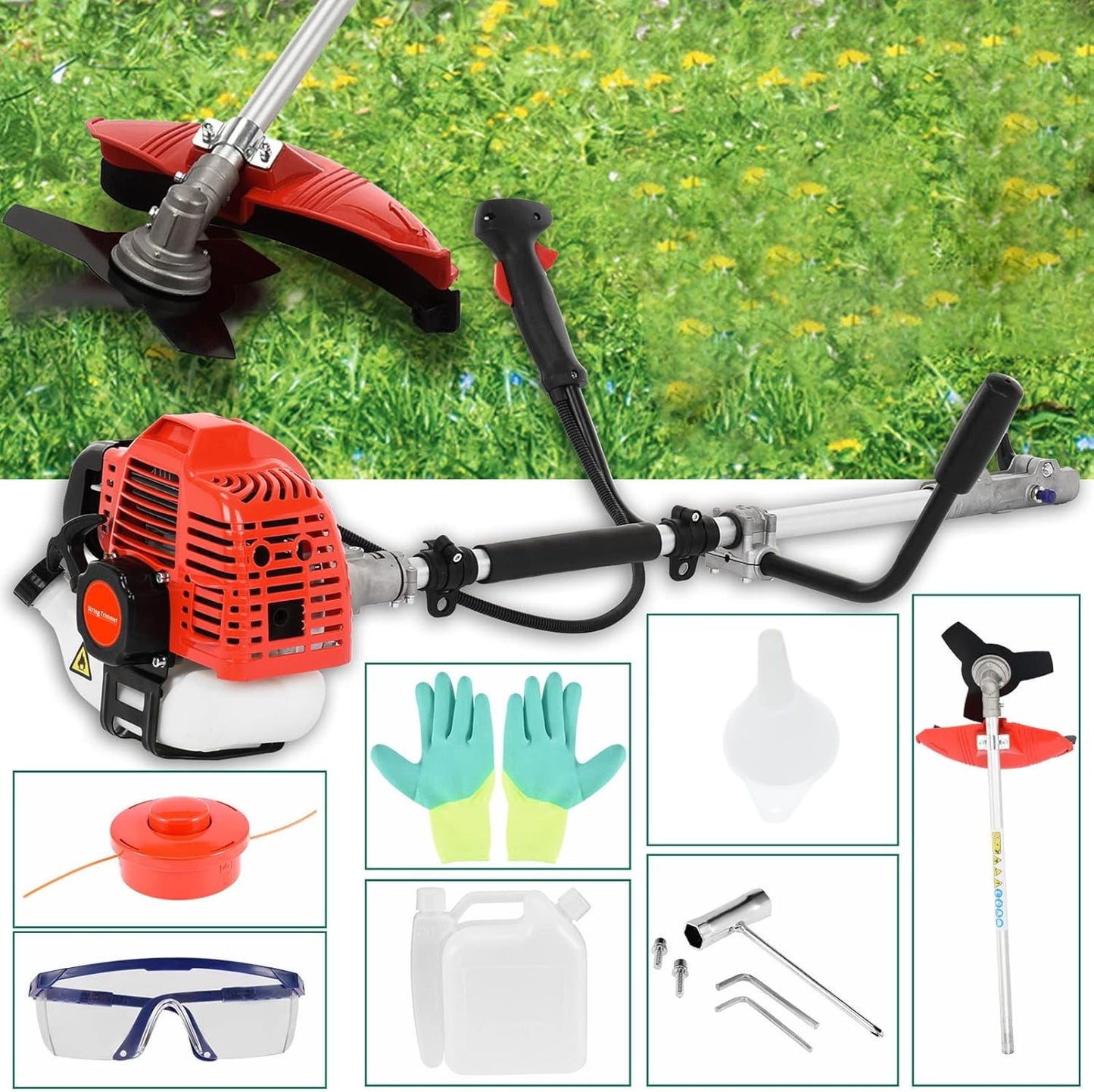 52cc Gas Grass Trimmer, 2 in 1 Petrol Weed Eater, 2-Stroke Weed Whacker Cordless, Backpack Brush Trimmer Garden Tools Red