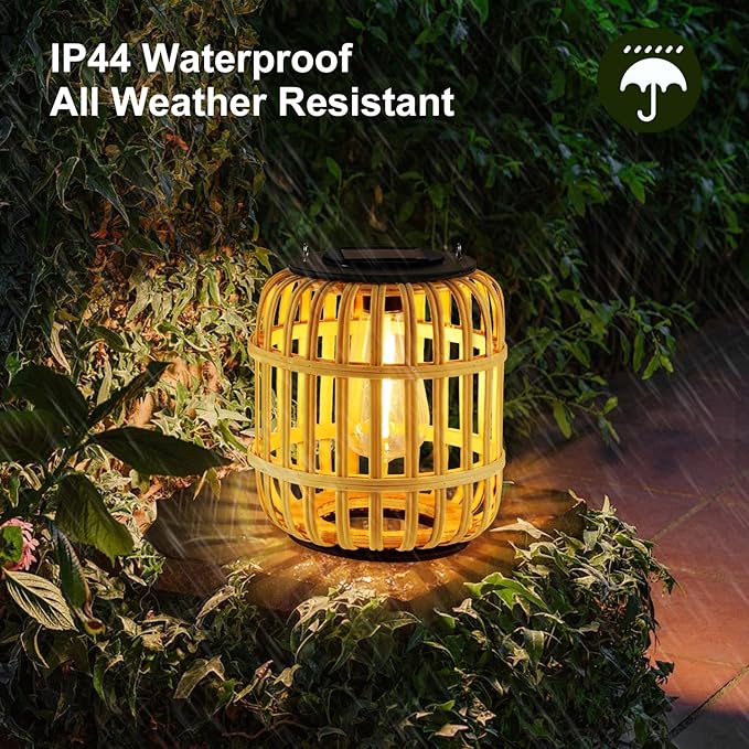 Outdoor Solar Rattan Lantern Hanging Lights with Handle, Waterproof Rattan Solar Lantern, Natural Bamboo LED Decorative Garden Lights for Yard, Patio, Wedding, Home Decoration