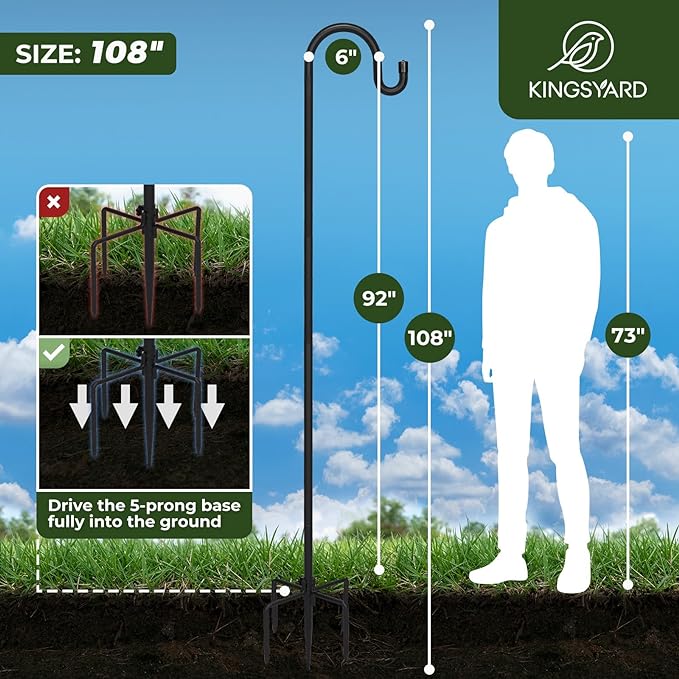 Kingsyard 2 Pack Adjustable Shepherd Hooks for Outdoor - 44 INCH Heavy Duty Bird Feeder Pole with 5 Prong Base, Hummingbird Feeder Stand, Garden Plant Baskets, Weddings Decor, Solar Light Lanterns