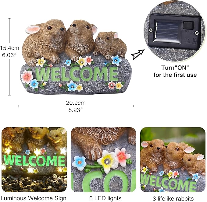 Solar Rabbits with Welcome Sign - Outdoor Bunny Decor with Solar LED Lights - Rabbit Garden Decor & Outdoor Light-Up Gifts for Women, Moms or Birthdays
