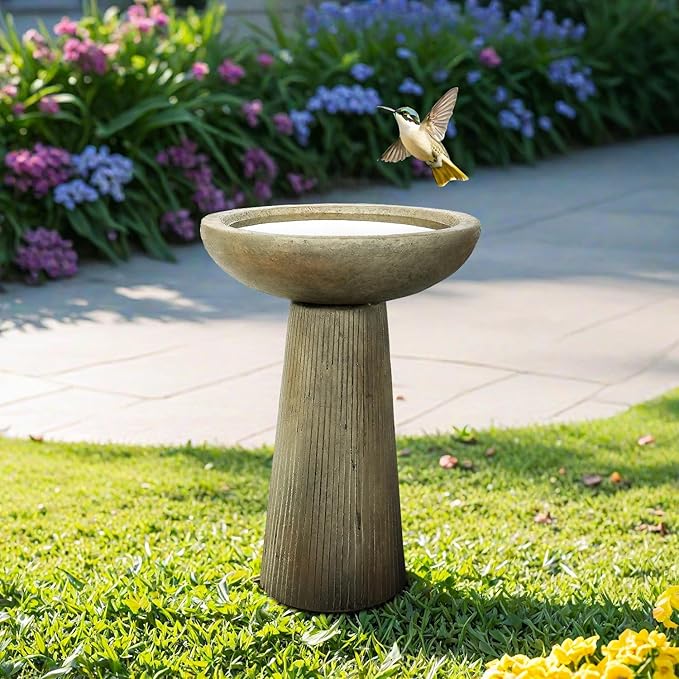 SunJet 24.4inches Tall Fiber-Reinforced Concrete Bird Bath - Modern Minimalist Style Outdoor Birdbaths & Feeder Combo for Outdoors Patio Garden Yard Lawn Decor