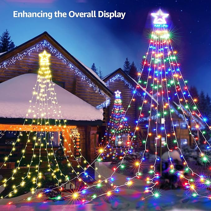 BlcTec Outdoor Christmas Decorations with Remote, 317 LED Color Changing Christmas Lights with 9 Strands 11.9ft Waterfall Lights, 11 Modes, Waterproof & Timer for Xmas Décor, Multicolor & Warm White