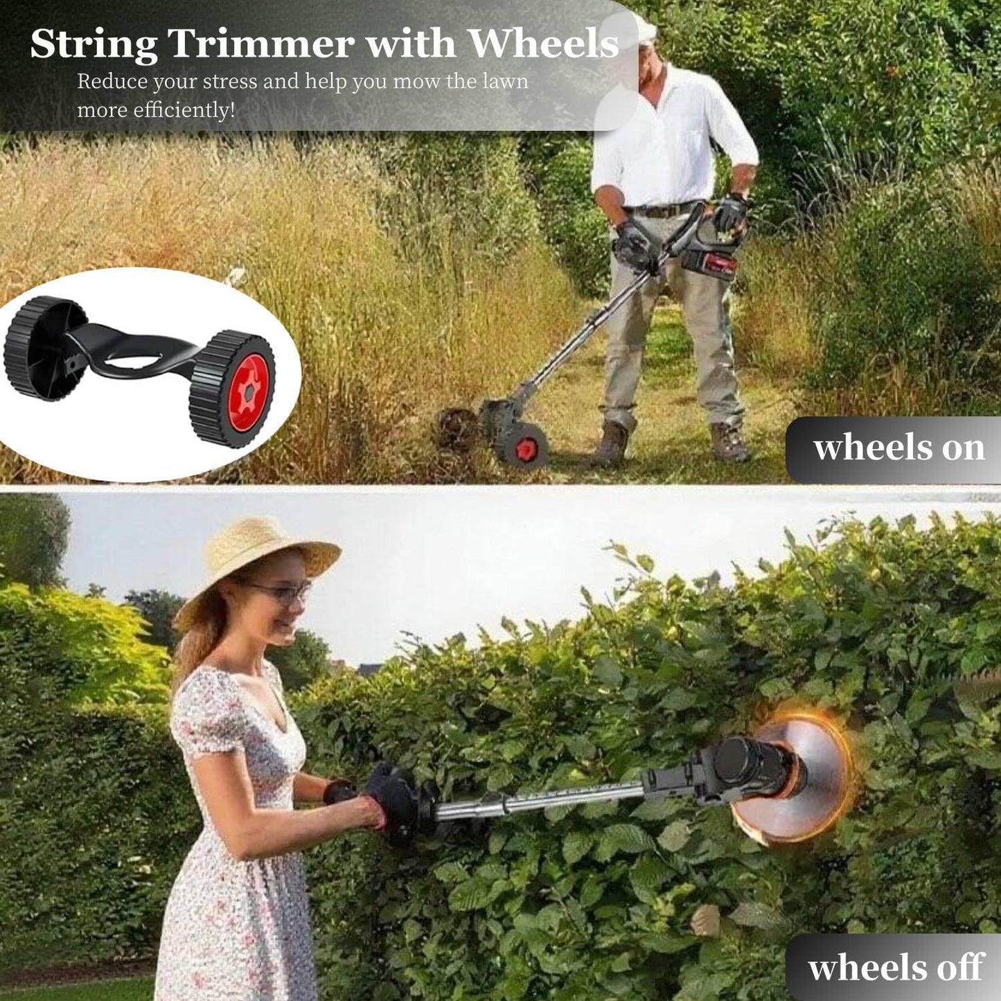 Electric Weed Wacker with Wheel, 21V Cordless Weed Eater with 2 x Batteries & 1 Charger, 3 in 1 Grass String Trimmer/Brush Cutter/Edger, Stringless Lightweight Weed Trimmer for Garden, Yard and Lawn