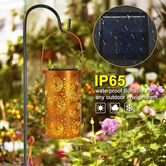 Mothers Day Gifts, Fireworks Solar Lanterns Outdoor Hanging, Hollowed-Out Metal Waterproof LED Garden Decor Light for Patio Yard Pathway Lawn Front Porch Tree, Birthday Gifts for Women Mom Grandma