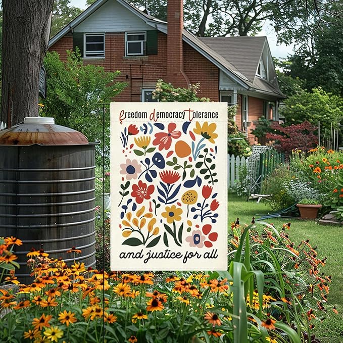 Social Justice Encourage Garden Flag Freedom Democracy Tolerance And Justice for All Decorations Small Double Sided Burlap art Stained Glass Style Garden Flags 12 x 18 Inch for Outside