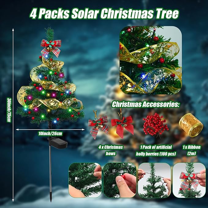 Libima 4 Pcs Solar Christmas Tree Garden Stake Lights Solar Outdoor 30 Inch Waterproof 80 LED Landscape Lights with 4 Bows 100 Artificial Berries and Ribbon for Xmas Decor Party Yard Patio Pathway
