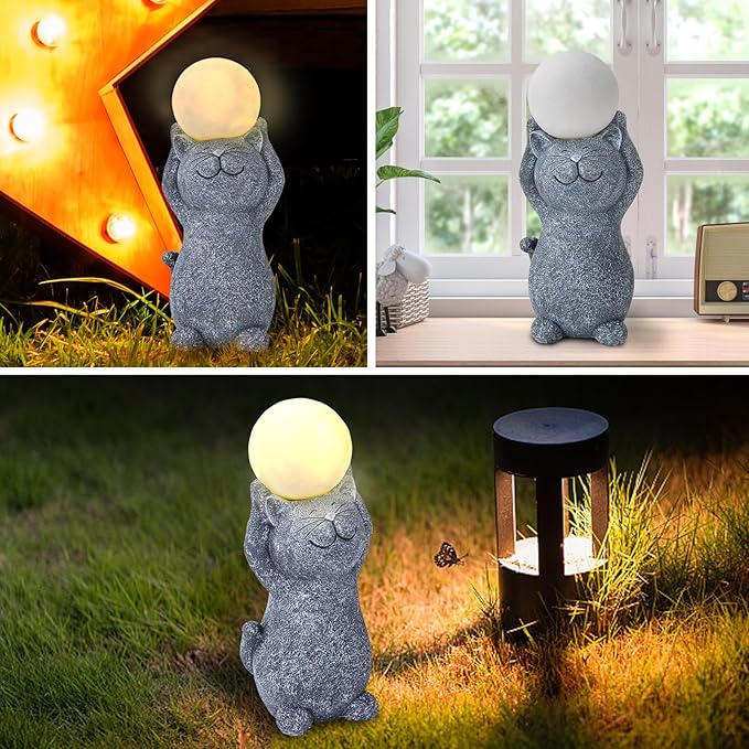 Solar Garden Decor Cat Moon Outdoor Statue and Figurine Lights, Outdoor Patio Sculpture Decor LED Light Gifts for Mom or Daughter, Garden Statues Birthday Gifts for Women Home and Yard with Solar Lamp