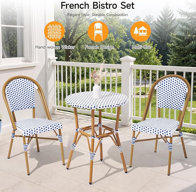3 Piece French Wicker Bistro Set, Patio Bistro Set with Table and 2 Dining Chairs, All Weather ‎Outdoor ‎Bistro Set with Aluminum Frame, Outdoor Patio Set for Patio Porch Cafes Yard, Navy and White