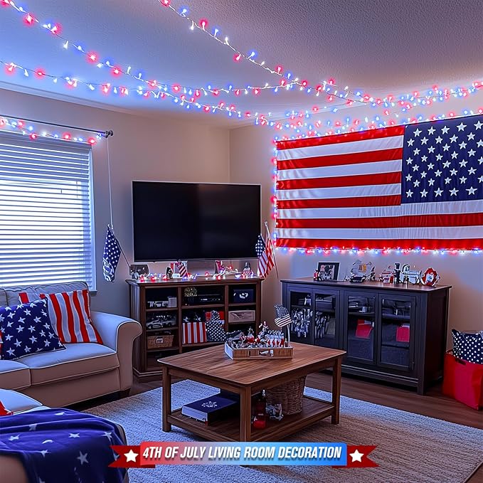 JMEXSUSS 400 LED Red White and Blue Lights Outdoor, 132FT 4th of July Lights Indoor, 8 Modes Patriotic String Light for Memorial Day Independence Day Decoration