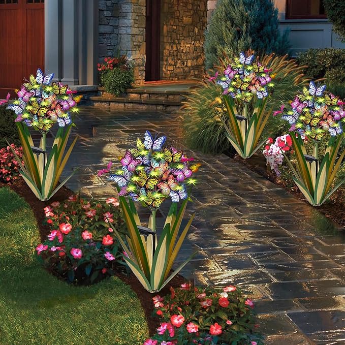 Solar Metal Agave Butterfly Flower Stick Garden Sculpture - Outdoor Gift, Christmas Lights, Swaying Butterfly, Sunflower - Solar Outdoor Statues (3 PCS Light Green)