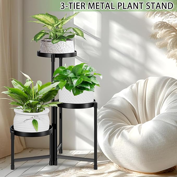 Plant Stand indoor outdoor - 3 Tier black Tall Metal Flower Pot Holder Potted Display Rack - Heavy Duty Corner Plant Shelf for Patio Garden Balcony Living Room Bedroom