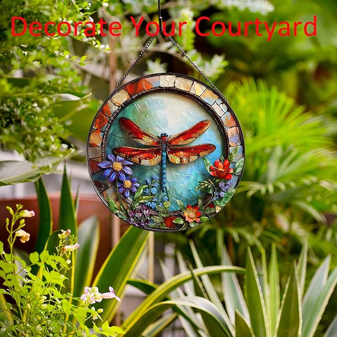 Dragonfly and Flower Suncatcher Stained Glass,Hanging Stained Glass Suncatcher for Windows,20cm/7.87inch Hand-Painted Sun Catcher Garden Hangings Halloween Fall Christmas Decor for Home