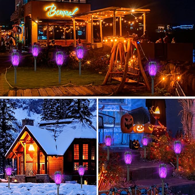 Halloween Decorations Outdoor, 12 Pack Purple Solar Lights Outdoor Waterproof 12 LED Mini Tiki Torch Lights with Flickering Flame for Outside Landscape Garden Pathway Dusk to Dawn Auto On/Off