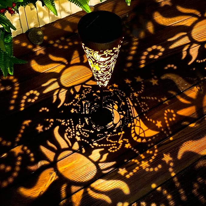 DIBIEECN 2 Pack Sun and Moon Solar Pathway Lights Outdoor,Metal Garden Decorations Outdoor Lights with Patterns and Warm Light,Waterproof Landscape Lighting for Path Patio Backyard Walkway Yard