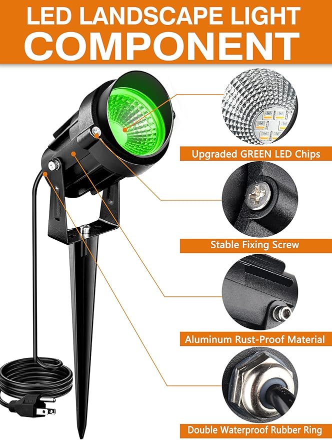 Directly Sold by Factory 7W Green Landscape Lights, 110v 120V LED Landscape Lighting IP66 Waterproof Outdoor Spotlights for Garden Yard Pathway Tree, 4 Pack