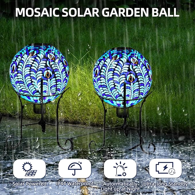 VOREEN Solar Gazing Ball, Mosaic Glass Gazing Globe with Solar Light, Waterproof Outdoor Yard Decoration Sphere for Homes, Patio, Lawn and Gardens, 10", Blue