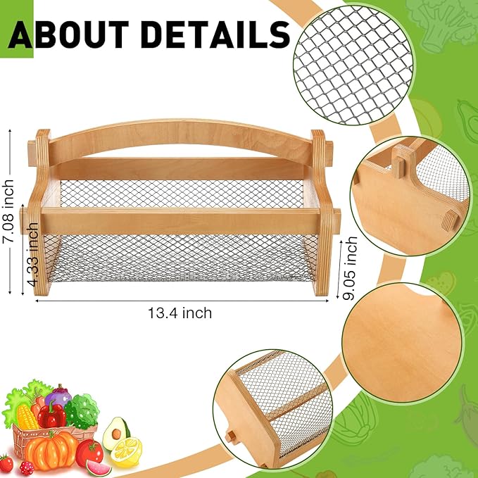 Garden Harvest Basket Mesh Storage with Handle Versatile Gardening Fruits Vegetables Gathering Basket Garden Supply Gardener Gift Spring for Washing Holding (Wood Color,13.4in)
