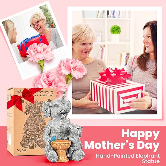 GIGALUMI Solar Garden Decor Bird Bath Elephant Statues Outdoor, Birthday Gifts for Women, Gifts for Mom Grandma Senior Elder, Elephant Ornament for Balcony, Garden, Patio, Yard, Lawn