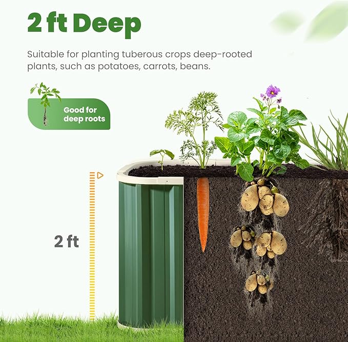 KING BIRD Raised Garden Bed Quick-Install Galvanized Planter Garden Box Outdoor for Gardening, Vegetables, Flowers 7.2x1.7x2 Ft, Green