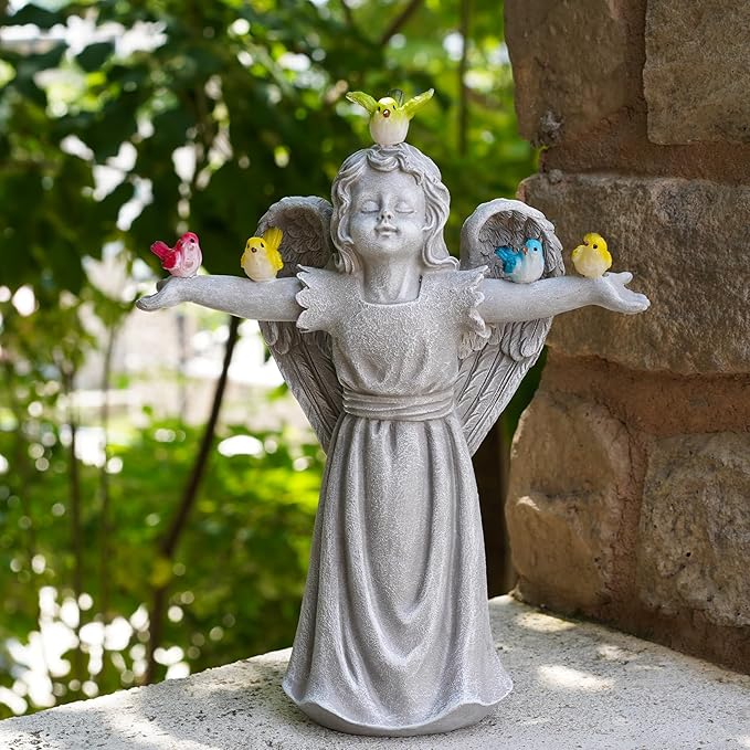 MININOVA Solar Angel Garden Statue with Birds Outdoor Solar Light Decorations Resin for Yard Patio Porch Balcony Housewarming Birthday Gifts for Women