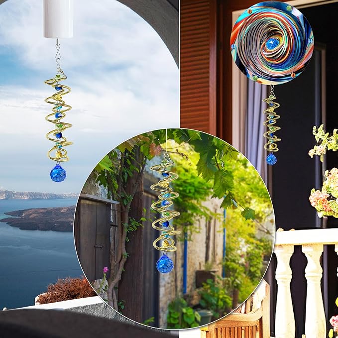 FONMY Gazing Ball Spiral Tail -Decorative Wind Spinner Sun Catcher Rainbow Maker Golden Double-Spiral W/Sea Blue Crystal Ball and Chain Crystals Beads for Indoor Outdoor Garden Decoration -14 inch H