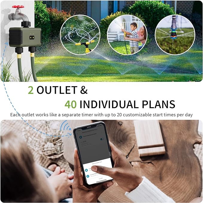 WiFi Sprinkler Timer 2 Zone, Diivoo Smart Water Timer for Garden Hose, Wireless Remote Control Irrigation System with Wi-Fi Hub, Rain Delay and Manual Watering, Leakproof for Yard Lawn Watering