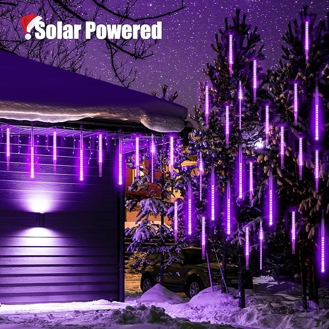 Purple Solar Christmas Lights, 16 Inches 8 Tube 288 LED Solar Meteor Shower Lights with 16 Tubes, Icicle Fairy String Lights for Christmas Decorations Tree Party Yard, Purple