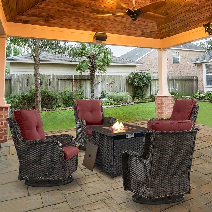 5 Pieces Patio Wicker Furniture Set - 4 Outdoor Swivel Rocker Glider Chairs with 50000BTU Propane Fire Pit Table, Warm Patio Conversation Set Red Cushion Perfect for Casual Gathering