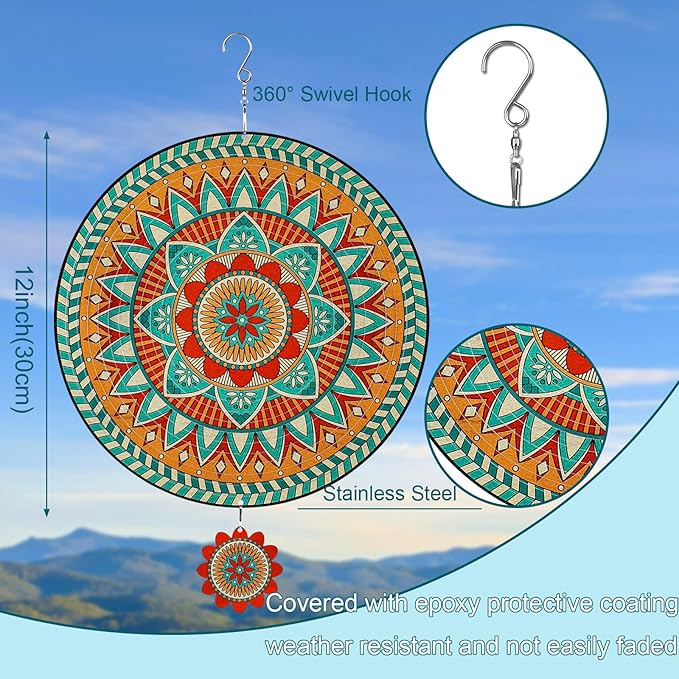 TUOKING Mandala Wind Spinners Outdoor Metal 3D Hanging Art Wind Spinner 12 Inch Stainless Steel for Yard and Garden Decoration Worth Gift for Women