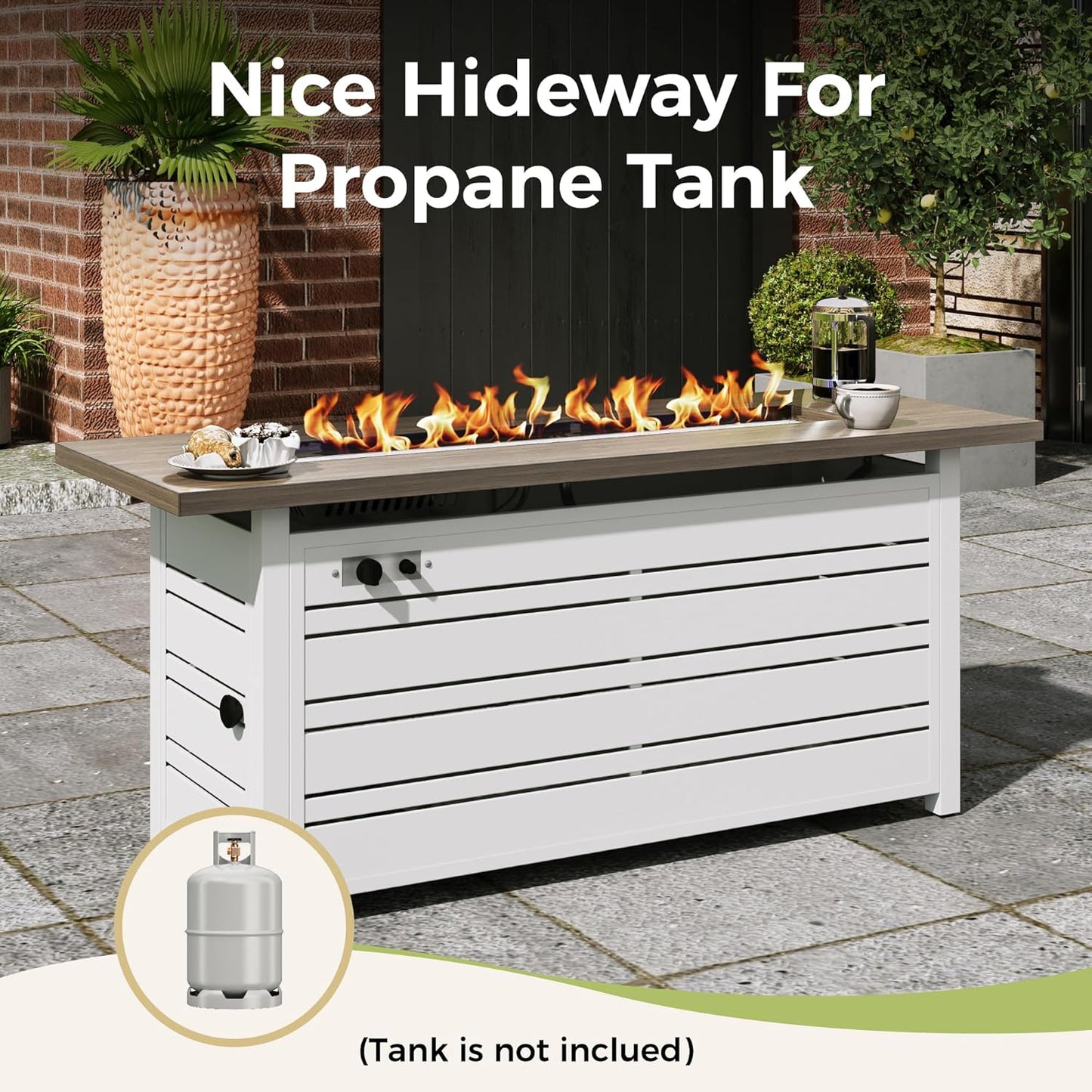 56 Inch Gas Fire Pit Table, 50,000 BTU Propane Pits for Outside with Removable Lid and Glass Fire Rocks, 2 in 1 Firepit Table Gatherings Parties on Patio Deck Garden Backyard, White