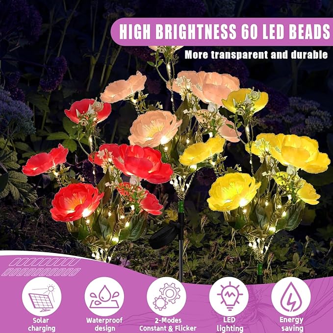 3Pack Outdoor Solar Garden Decor Lights, Waterproof Solar Powered Hydrangea Lotus Flower Lights Bright Up to 12 Hrs,Led Flowers for Yard Patio Lawn Decorative (Solar Flowers Style 1)