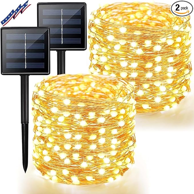 2Pack Solar String Lights Outdoor, 80FT 200LED Solar Fairy Lights, Waterproof Copper Wire & 8 Modes, Solar Twinkle Light for Garden, Tree, Wedding, Christmas Decorations, Patio, Fence (Warm White)