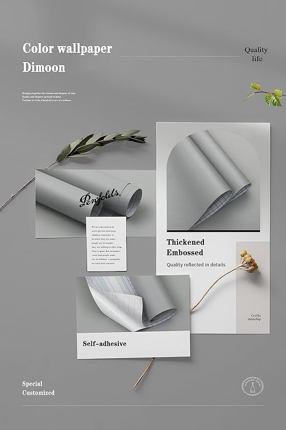 Dimoon 78.7''x17.7'' Grey Peel and Stick Wallpaper Contact Paper Modern Self Adhesive Wall Paper Removable Renter Friendly Textured Solid Color Shelf Cabinet Vinyl Roll (78.7''x17.7'',Grey)